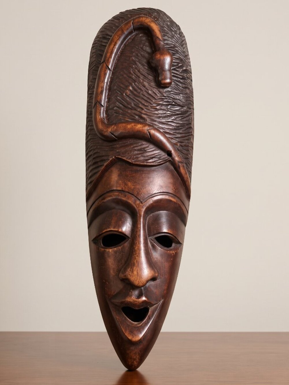 Vintage Hand Carved African Tribal Wood Wall Mask Snake Cobra 20" Decor